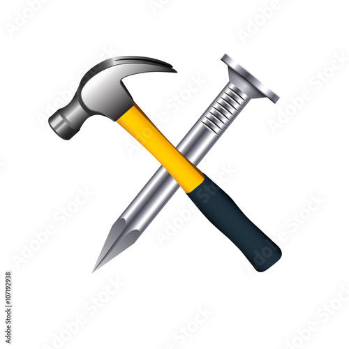 Crossed hammer and nail isolated on white background.