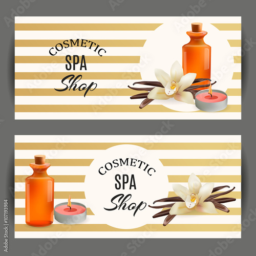 Oil Cosmetic Bottle with Vanilla and Candle . Template  Cosmetic Shop, Spa Salon, Beauty Products Package, Medical Care Treatment. Invitation Cards, Vouchers, Advertisement, Business.