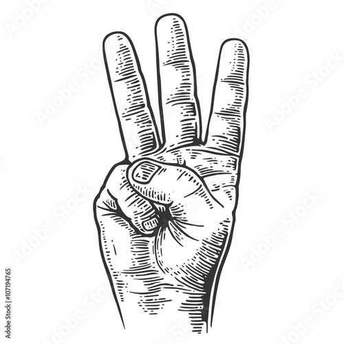 Male hand showing three fingers. Vector black vintage engraved illustration isolated on a white background. Hand sign for web, poster, info graphic