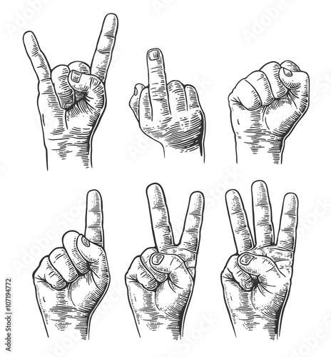 Set of gestures of hands in a vector. Male Hand sign. Fist, Middle finger up, Rock and Roll, counting hand sign from one to three.  Vector vintage engraved illustration isolated on white background