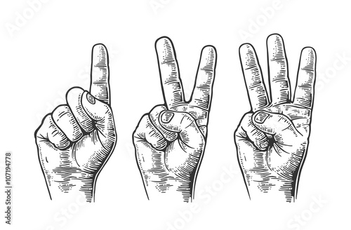 Set of gestures  of male hands counting from one to three. Vector vintage engraved illustration isolated on white background