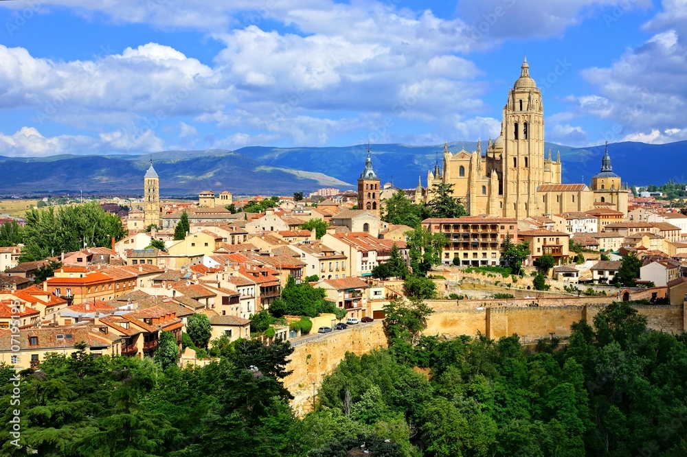 View over the town of Segovia, Spain with its cathedral and medieval walls