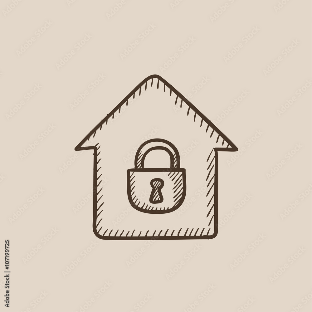 House with closed lock sketch icon. House with closed lock sketch icon.