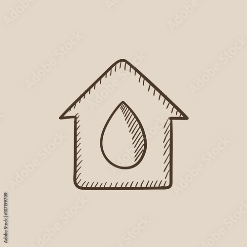 House with water drop sketch icon.