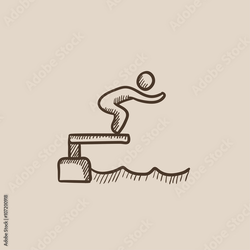 Swimmer jumping from starting block in pool sketch icon.