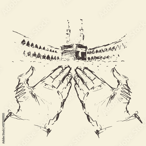 Holy Kaaba Mecca Saudi Arabia praying hands drawn