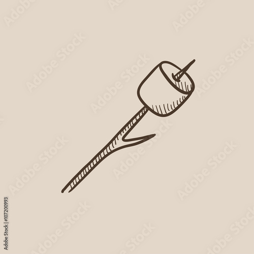 Marshmallow roasted on wooden stick sketch icon.