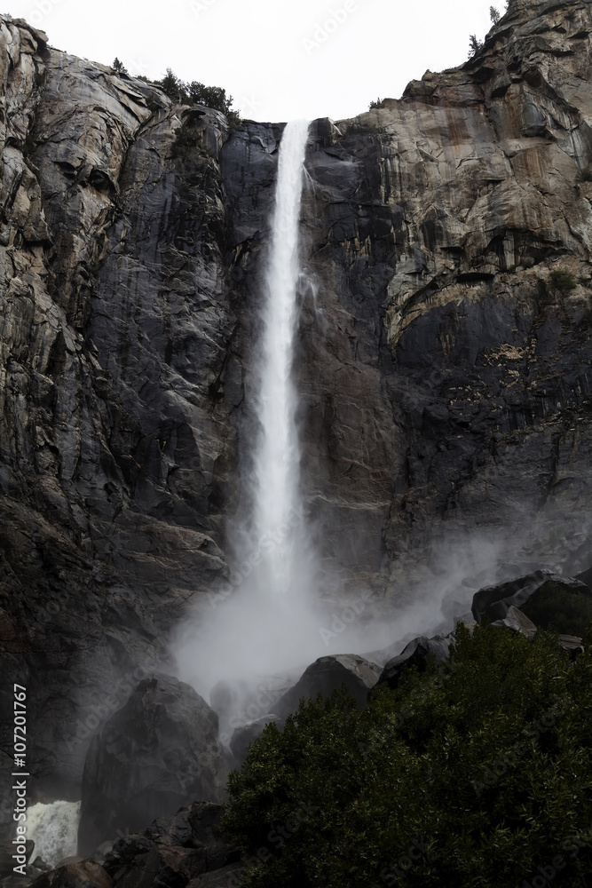Waterfall Down Rock Cliff Yosemite Park California