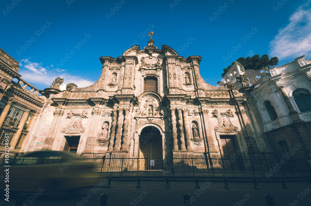 Frontal view of emplematic church in historical center of Quito