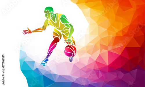 Polygonal geometric style illustration of a basketball player jump shot jumper shooting jumping viewed from the side set on colorful low poly background.