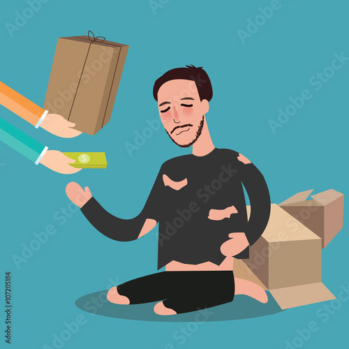 giving money to poor homeless living card board beggar  zakat concept compassion in islam 