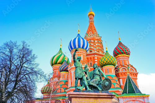 St. Basil's cathedral and monument at dusk on Red Square in Moscow, Russia