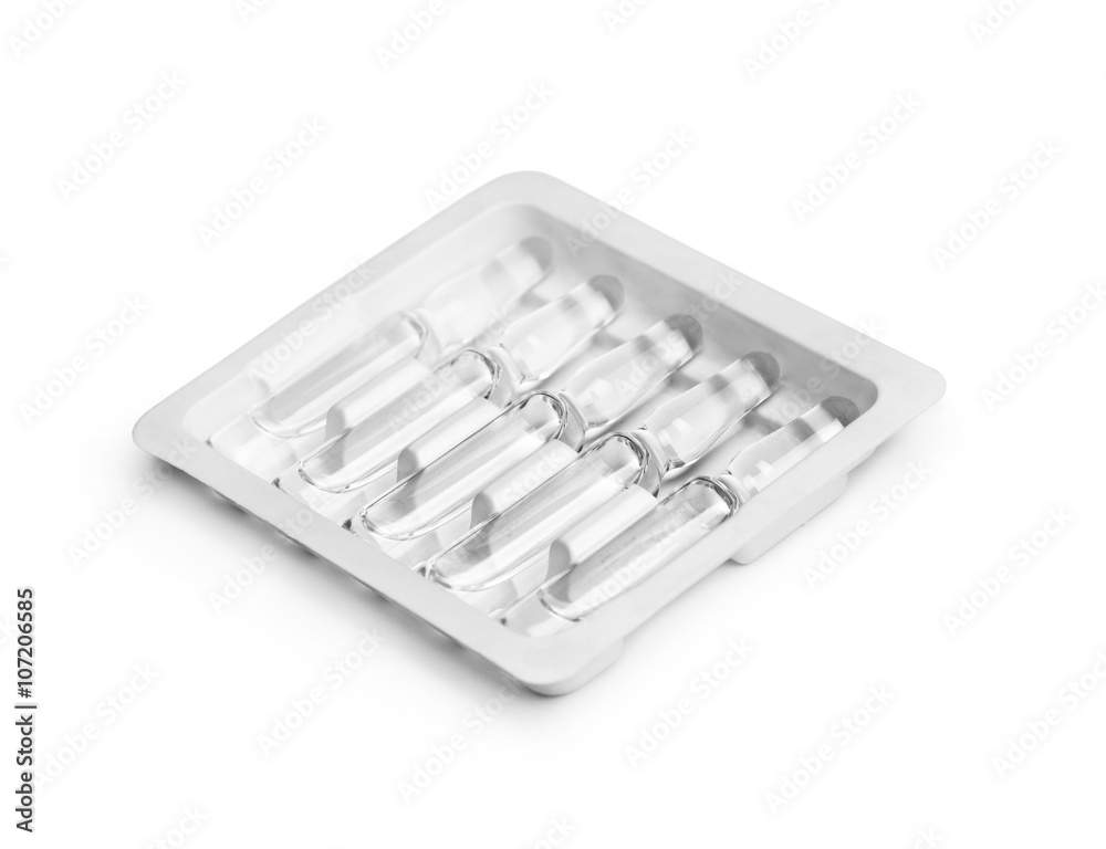 ampoules in a package on white background ampoules in a package on white background