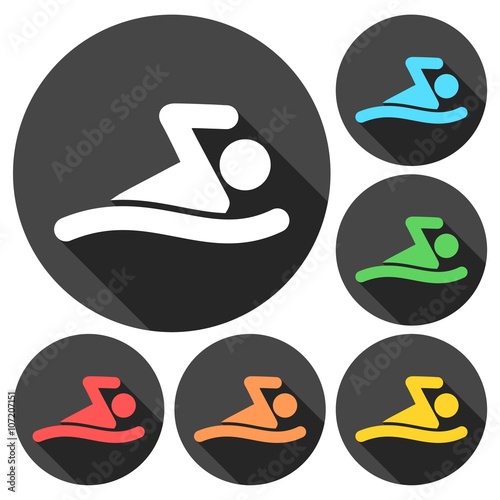 Swim icons set with long shadow