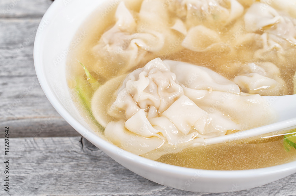 Vietnamese shrimp and pork wonton soup close-up shot, hoanh thanh Vietnamese shrimp and pork wonton soup close-up shot, hoanh thanh