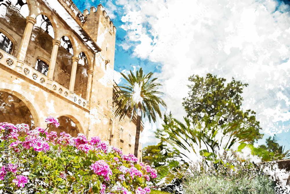 Obraz premium Almudaina palace with blooming pink flowers against blue sky and clouds, Palma de Mallorca, Balearic islands, Spain. Modern painting, background illustration.
