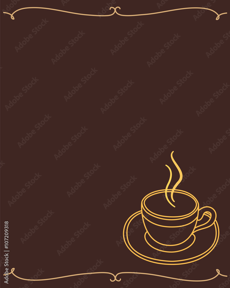 Obraz premium Dark brown frame menu with a Golden Cup of coffee, hot chocolate, cocoa, tea.