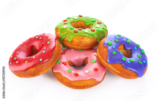 Donuts with colored glaze isolated on white background.
