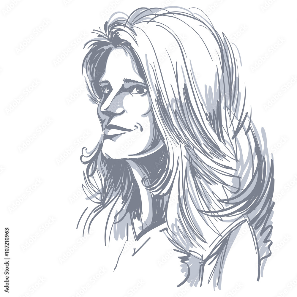 Hand-drawn portrait of white-skin dreamy woman, face emotions Hand-drawn portrait of white-skin dreamy woman, face emotions