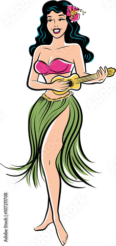 Retro comic style artwork of a hula girl playing a ukulele