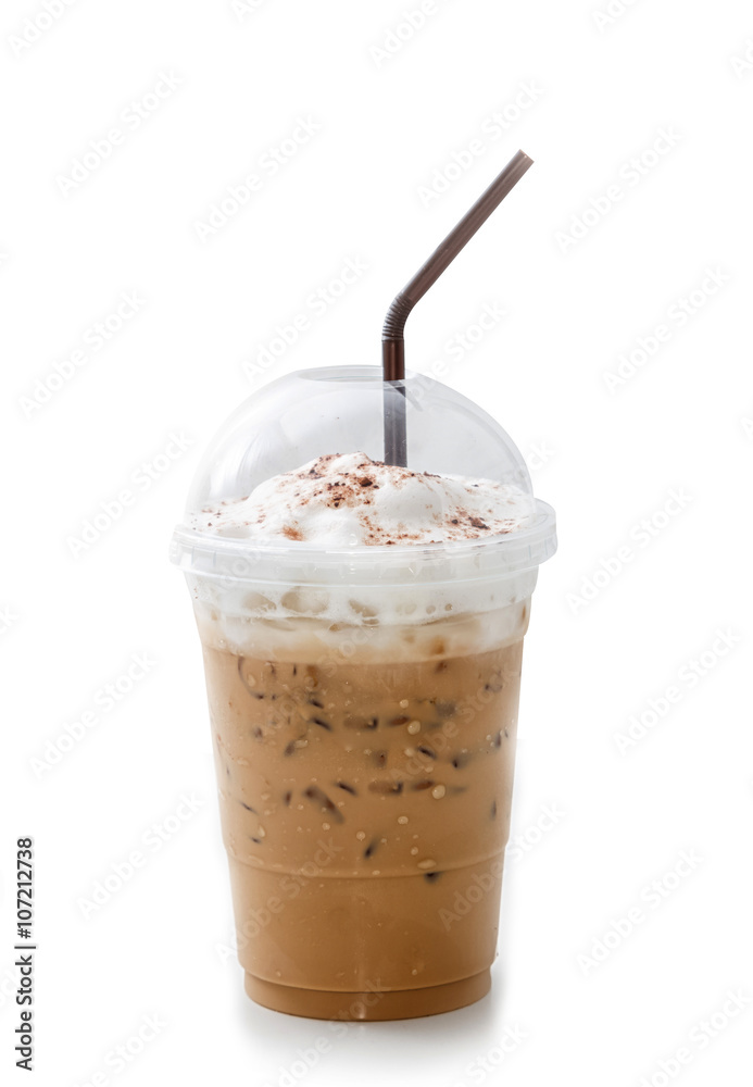 Iced coffee latte in takeaway cup isolated on white background