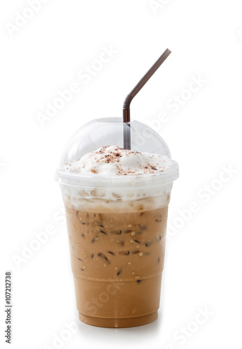 Iced coffee latte in takeaway cup isolated on white background