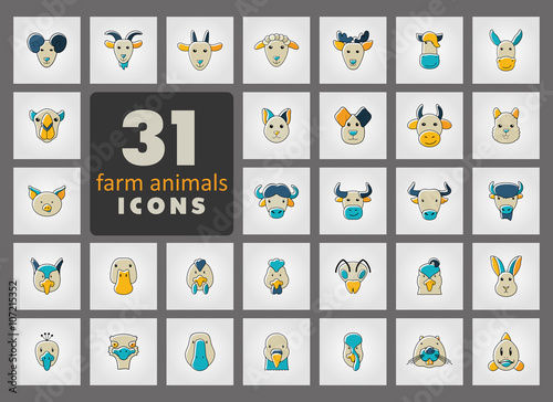 Farm animals icons set. Vector head illustration.