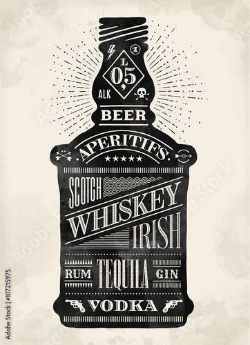 Poster bottle of alcohol with hand drawn lettering. Monochrome vintage drawing for drink menu or t-shirt print. Vector Illustration