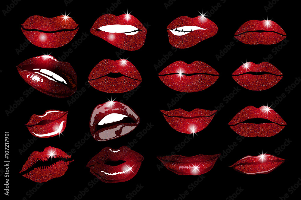 Fototapeta premium Set of 16 glamour lips, with vinous lipstick colors. Vector illustration. element. Woman's lip gestures set. Girl mouths close up with red lipstick makeup expressing different emotions. EPS10 vector.