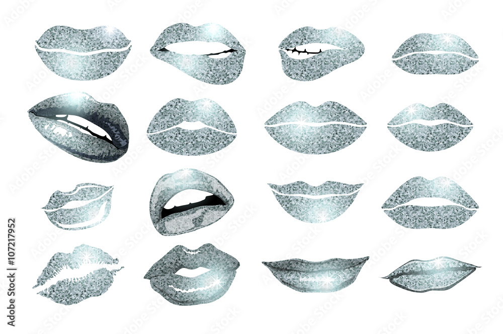 Naklejka premium Set of 16 glamour lips, with silver lipstick colors. Vector illustration. element. Woman's lip gestures set. Girl mouths close up with lips lipstick makeup expressing different emotions. EPS10 vector.