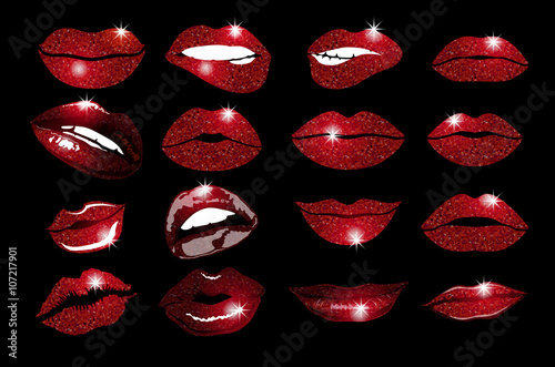 Set of 16 glamour lips, with vinous lipstick colors. Vector illustration. element. Woman's lip gestures set. Girl mouths close up with red lipstick makeup expressing different emotions. EPS10 vector.