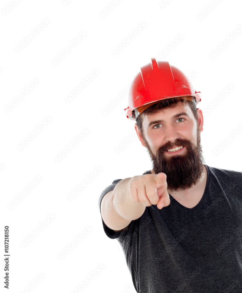 Young men with hipster look and red helmet pointing at camera Young men with hipster look and red helmet pointing at camera