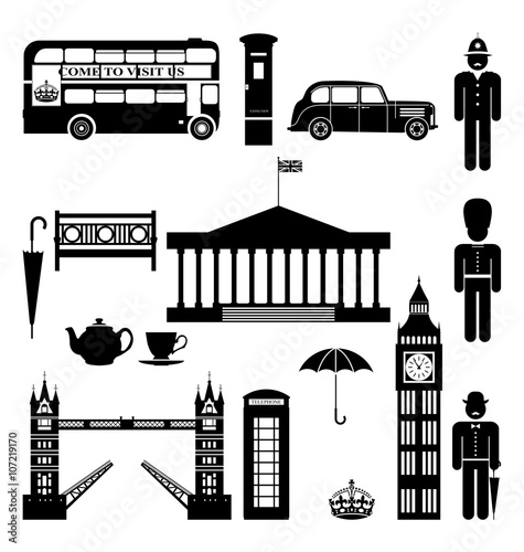 Vector London City street icon set. A set of London symbols and landmarks in silhouettes. Vector Illustration. EPS 10.