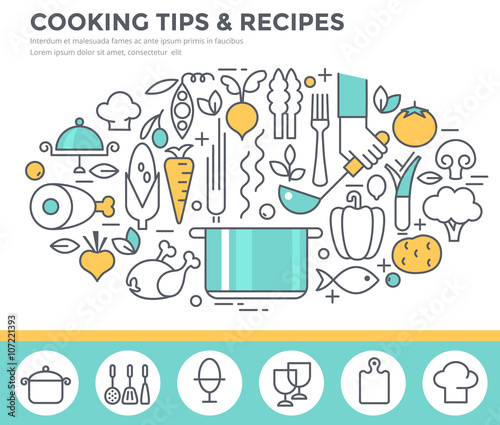 Cooking tips and recipes concept illustration, thin line flat design