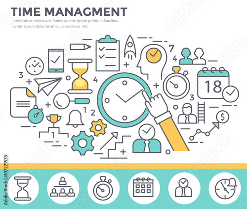 Time management concept illustration, thin line flat design