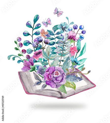Watercolor floral and nature elements with beautiful old books, illustration for design, Beautiful card with watercolor flowers and books over white