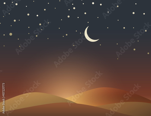 Desert evening scene with crescent and stars