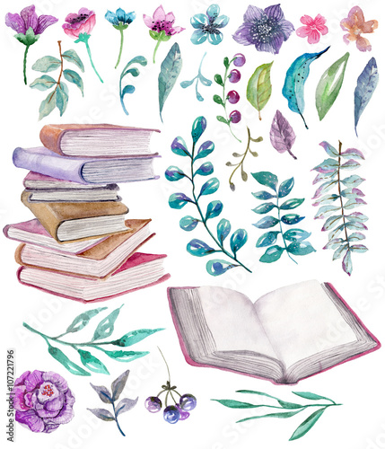 Watercolor floral and nature elements with beautiful old books