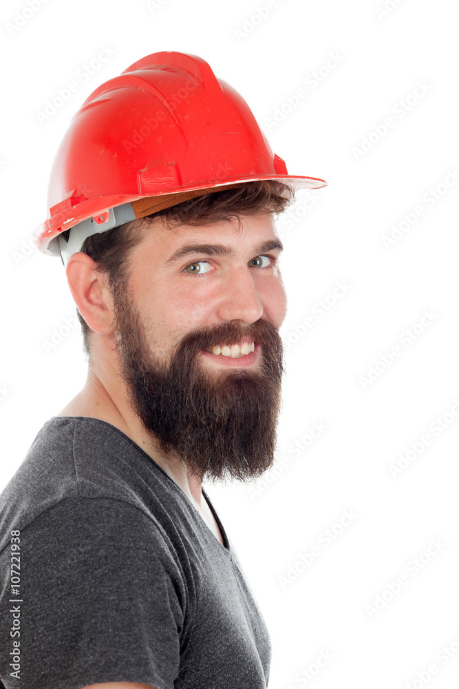 Young men with hipster look and red helmet Young men with hipster look and red helmet