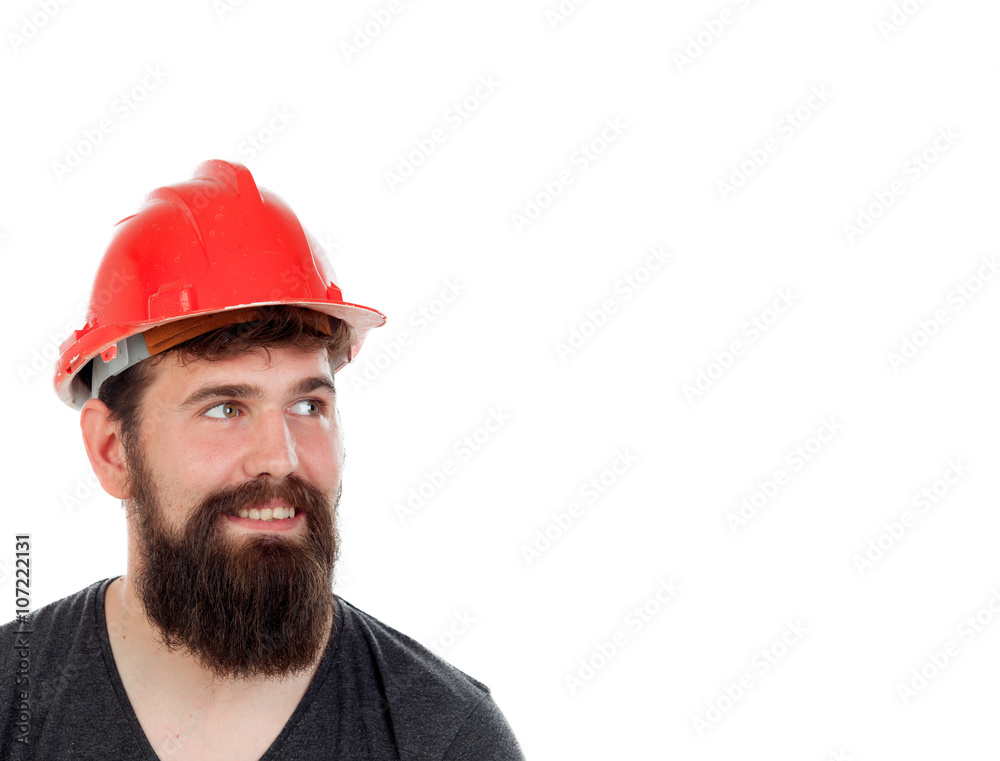 Young men with hipster look and red helmet Young men with hipster look and red helmet