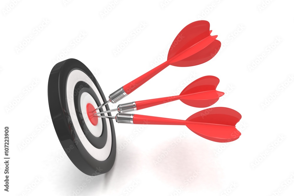 Three arrows darts in center. 3d rendering. Three arrows darts in center. 3d rendering.