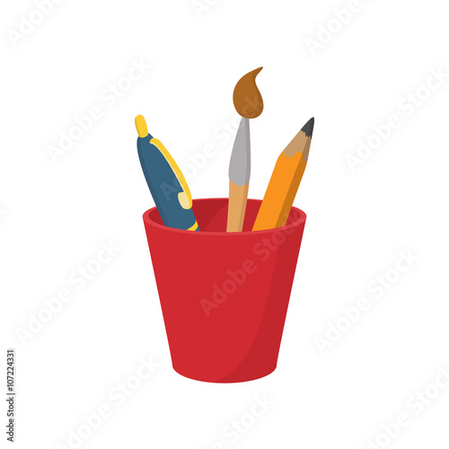 Pen and pencil in red plastic glass icon