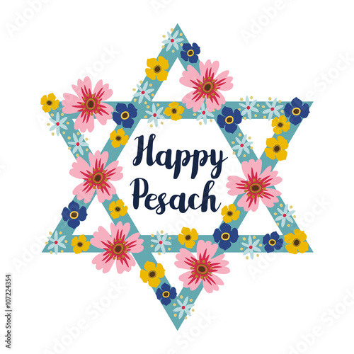 Pesach Passover greeting card with jewish star and flowers, vector illustration background