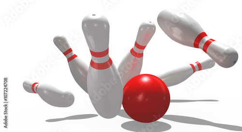 Fotografie Bowlingkegeln mit Bowlingkugel, freigestellt