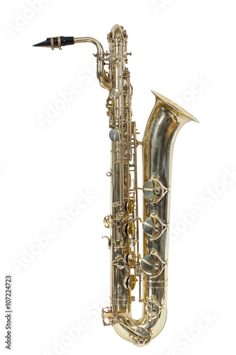 classic brass musical instrument baritone saxophone isolated on white background photo