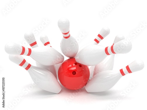 Bowling ball and skittles isolated. 3d rendering.