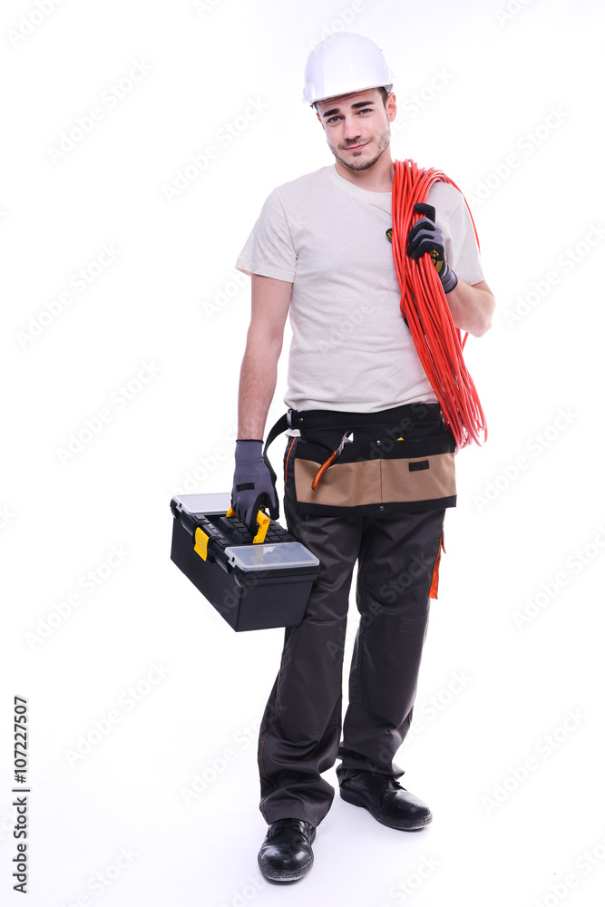 handsome young construction worker isolated on a white background handsome young construction worker isolated on a white background