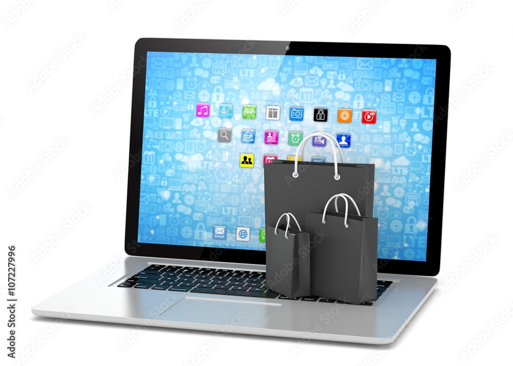 laptop and shopping pags on white background. 3d rendering. laptop and shopping pags on white background. 3d rendering.