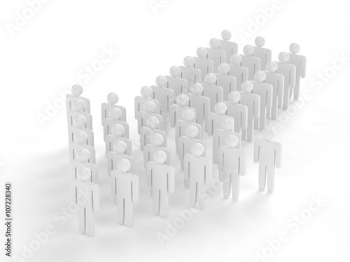 Many 3d people figure in arrow shape with the leader in front. 3d rendering.