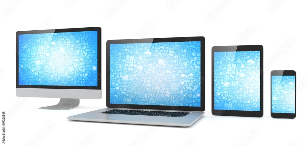 Responsive web design, laptop, smartphone, tablet, computer, display. 3d rendering. Responsive web design, laptop, smartphone, tablet, computer, display. 3d rendering.